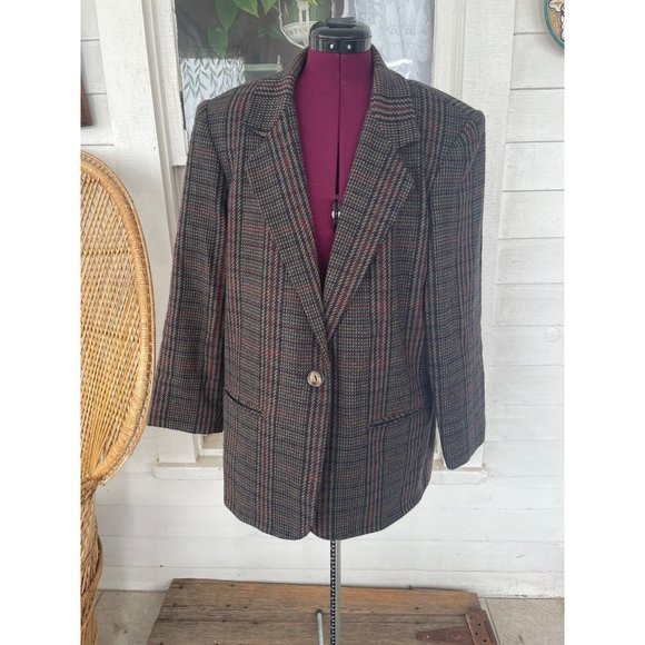 Sag Harbor Jackets & Blazers - Vintage 1990s Hounds Tooth Plaid Wool Blend Womens Blazer 14 Petite